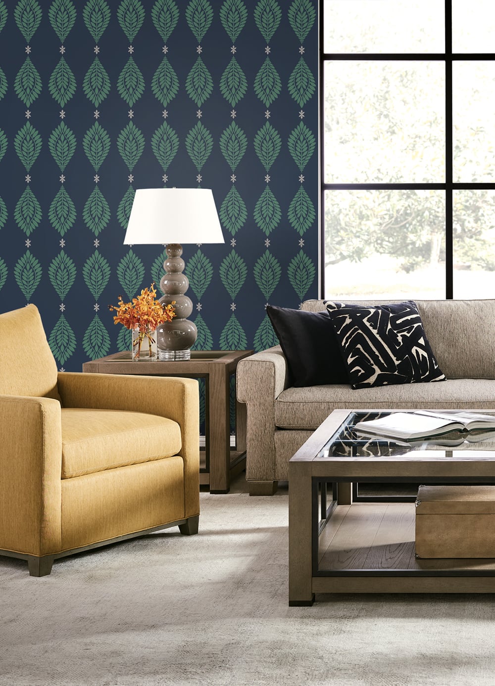 Mirasol Palm Frond Midnight Blue and Spearmint by Luxe Retreat Palm Leaf Wallpaper – Lillian August LN10612