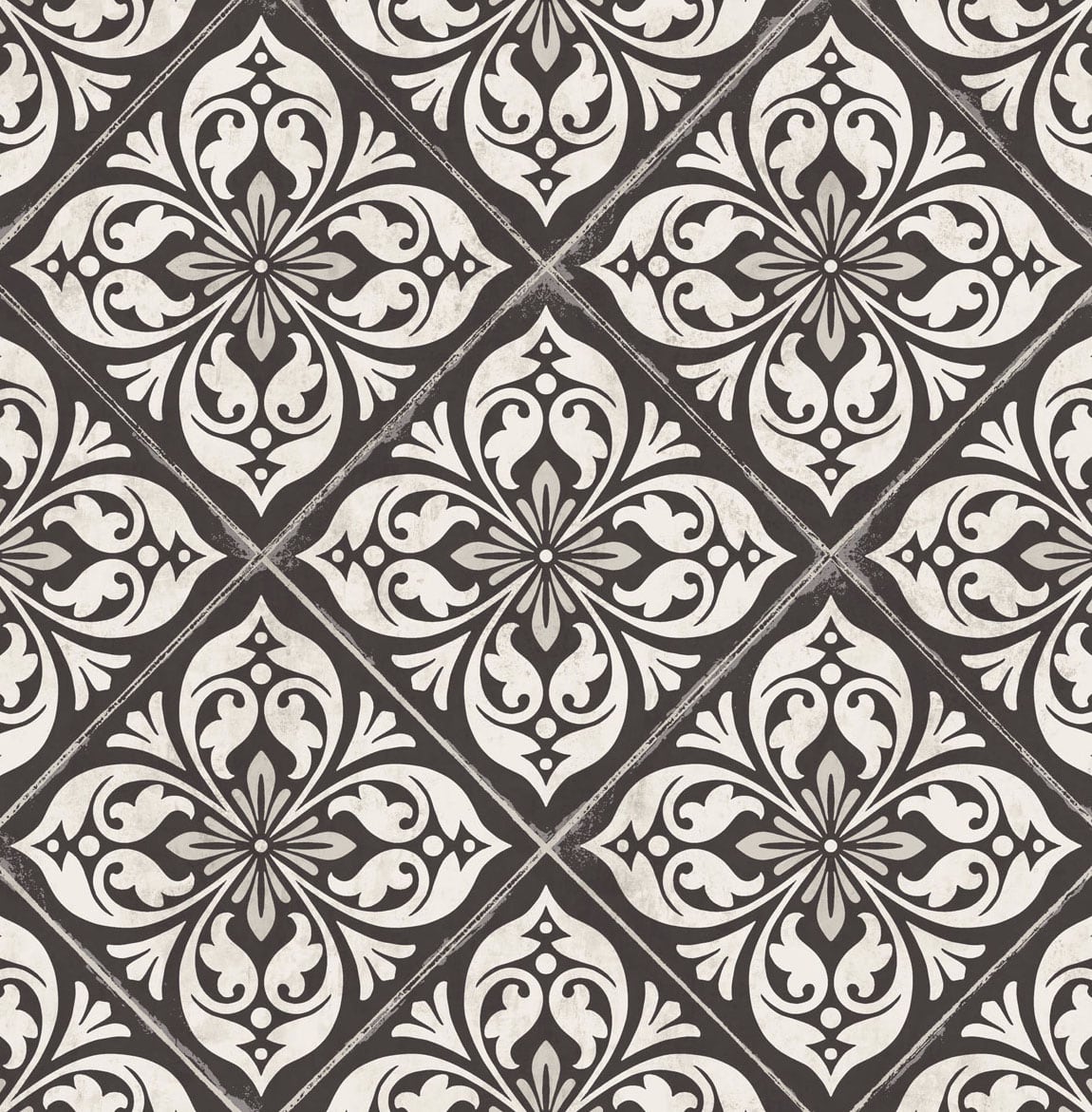 Plumosa Tile wallpaper in ebony black and silver metallic tile motif