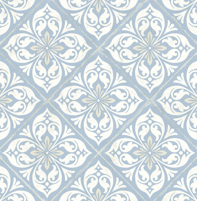 Plumosa Tile wallpaper in Carolina Blue and Arrowroot with a coastal decorative tile motif