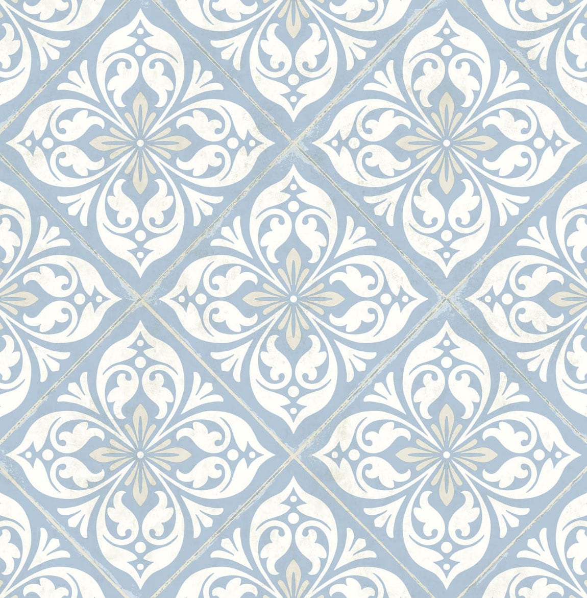 Plumosa Tile wallpaper in Carolina Blue and Arrowroot with a coastal decorative tile motif