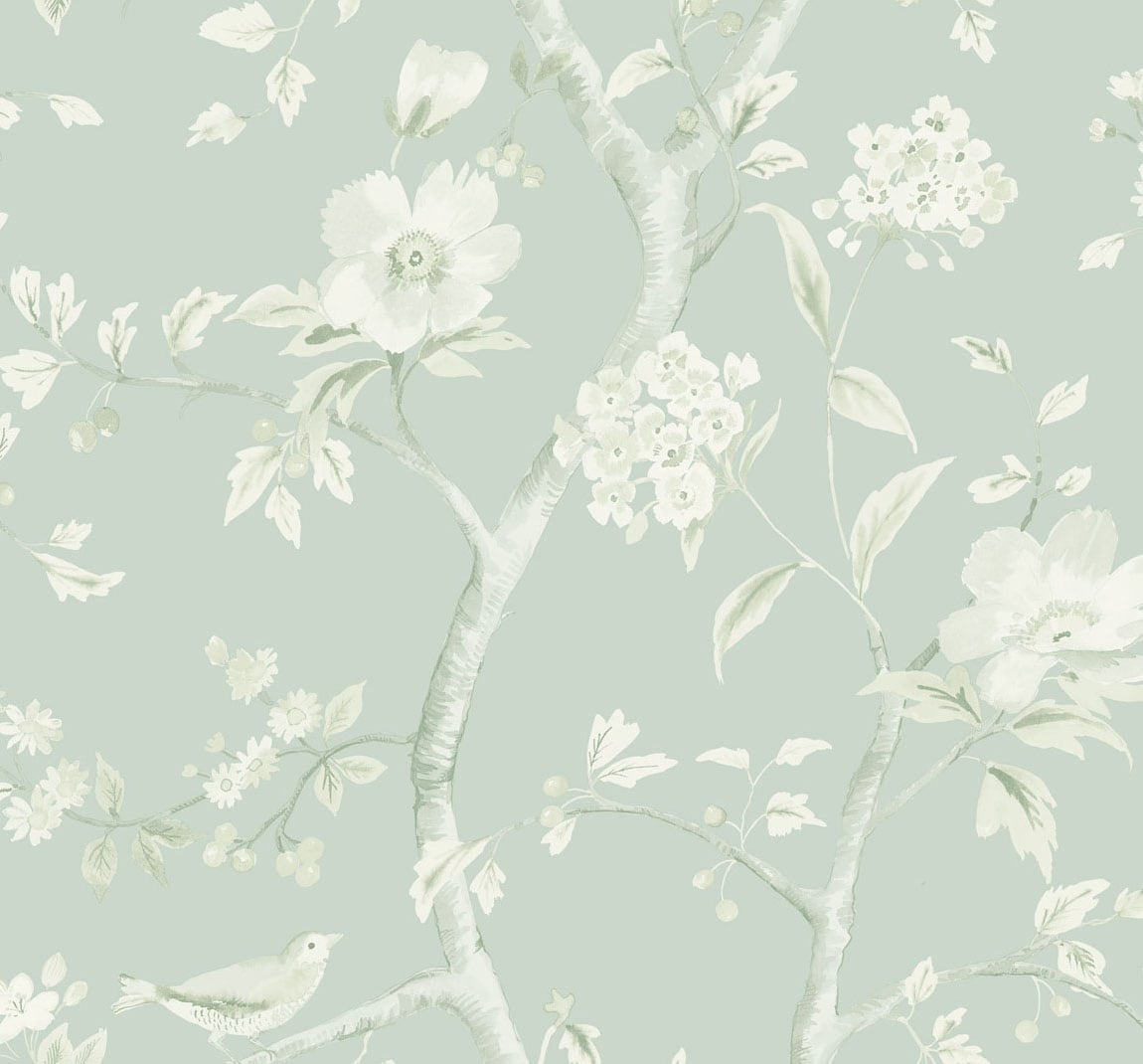 Southport Floral Trail wallpaper in sea glass and ivory with chinoiserie floral branches and birds