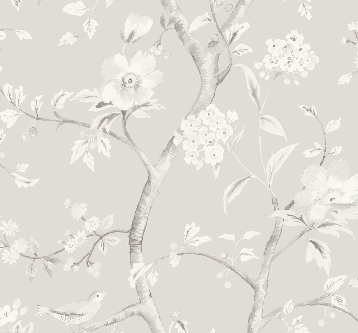 Southport Floral Trail wallpaper in metallic silver and fog with chinoiserie-style flowering branches and birds