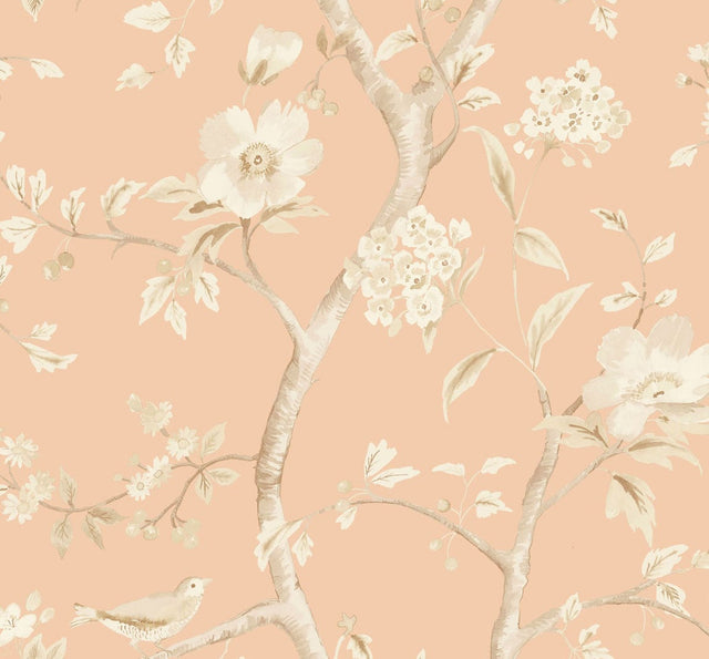 Southport Floral Trail wallpaper in Soft Melon and Arrowroot with chinoiserie-style flowering branches and birds