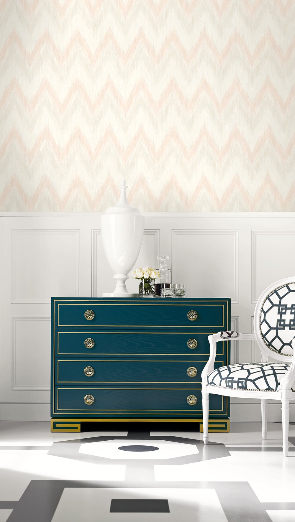 Regent Flamestitch Stringcloth Soft Melon and Arrowroot by Luxe Retreat Chevron Wallpaper – Lillian August LN11201