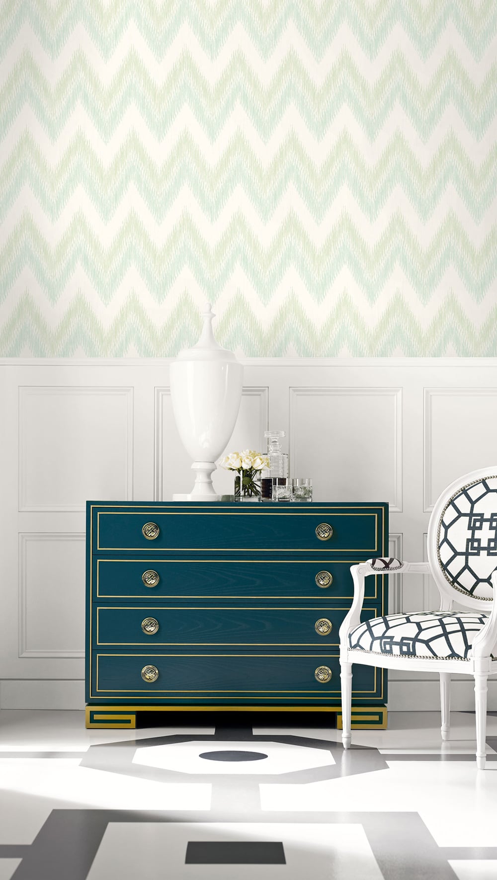 Regent Flamestitch Stringcloth Sea Glass and Eggshell by Luxe Retreat Chevron Wallpaper – Lillian August LN11204