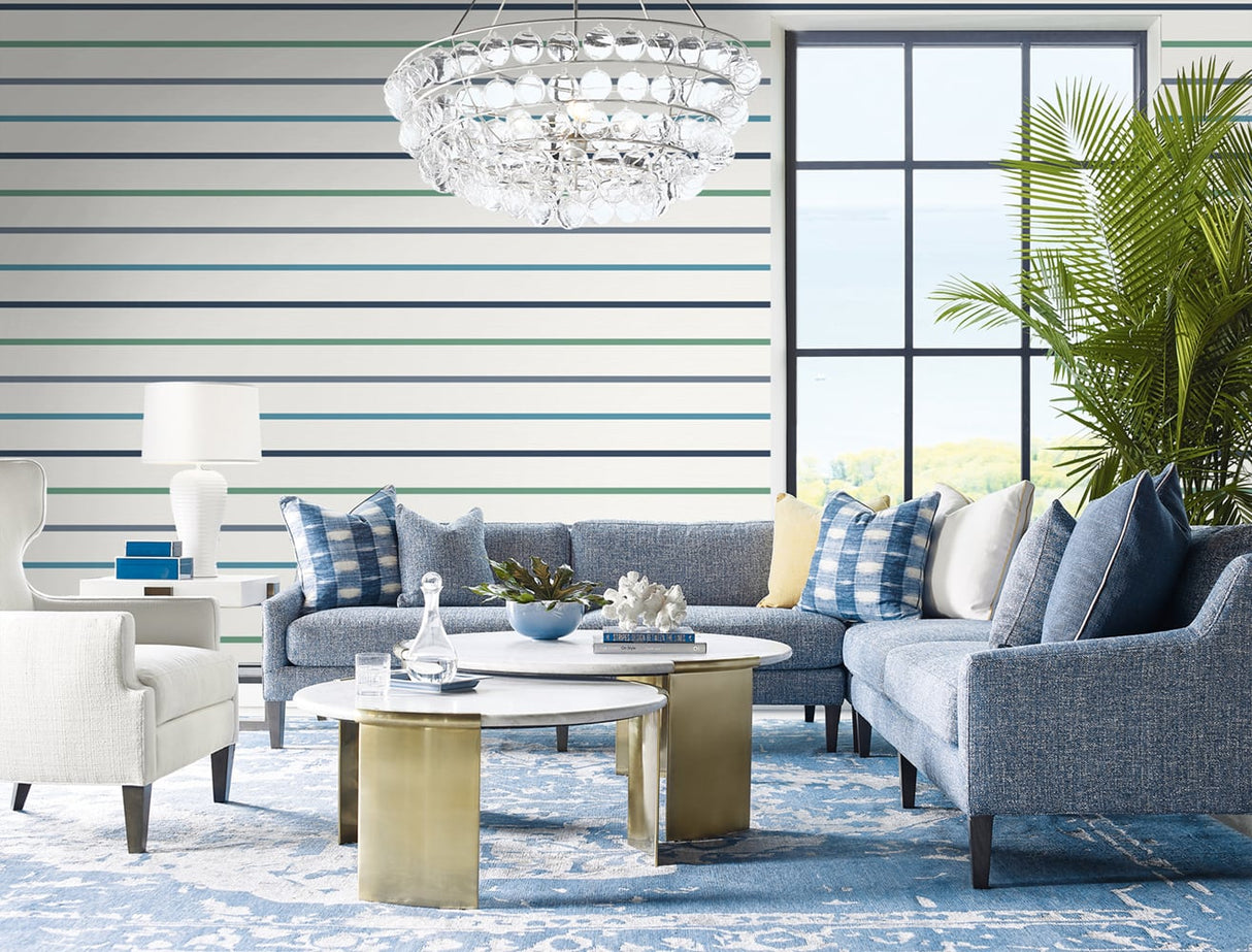 Crew Stripe Midnight Blue, Spearmint & Eggshell by Luxe Retreat Striped Wallpaper – Lillian August LN11412