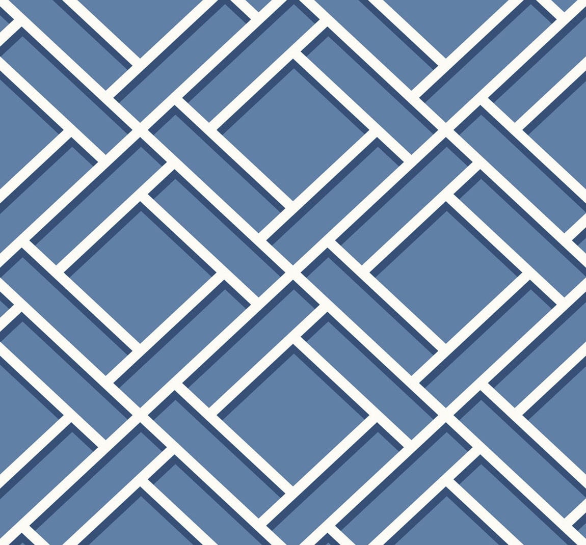 Block Trellis wallpaper in coastal blue and navy geometric lattice pattern