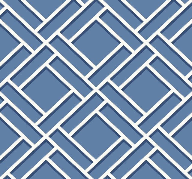 Block Trellis wallpaper in coastal blue and navy geometric lattice pattern