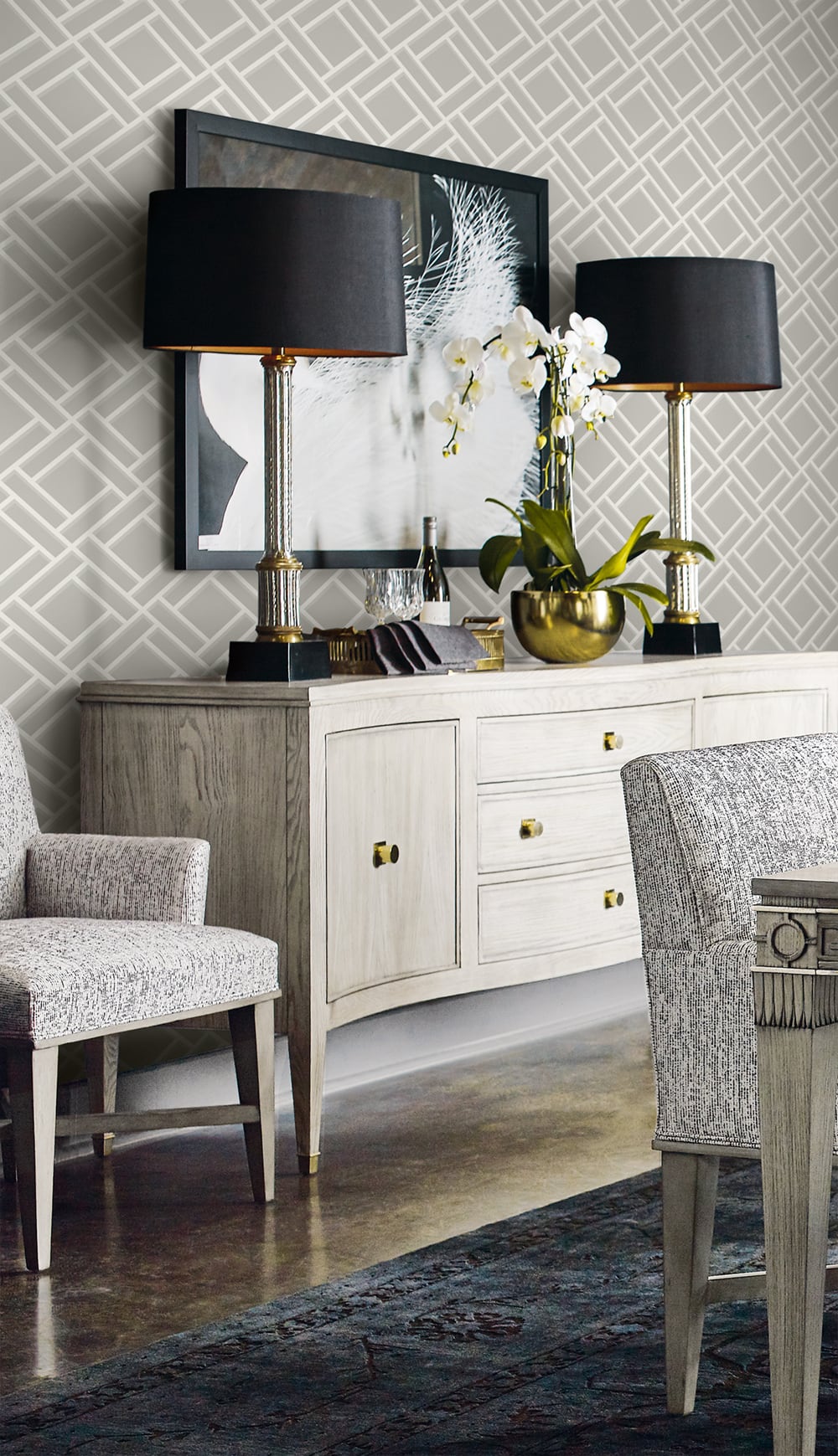 Block Trellis Cove Gray and Fog by Lillian August Geometric Trellis Wallpaper – Lillian August LN11508