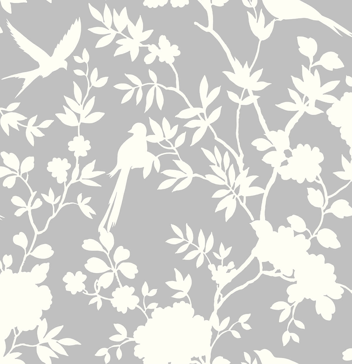 Mono Toile Harbor Mist grey and white chinoiserie birds and floral peel and stick wallpaper