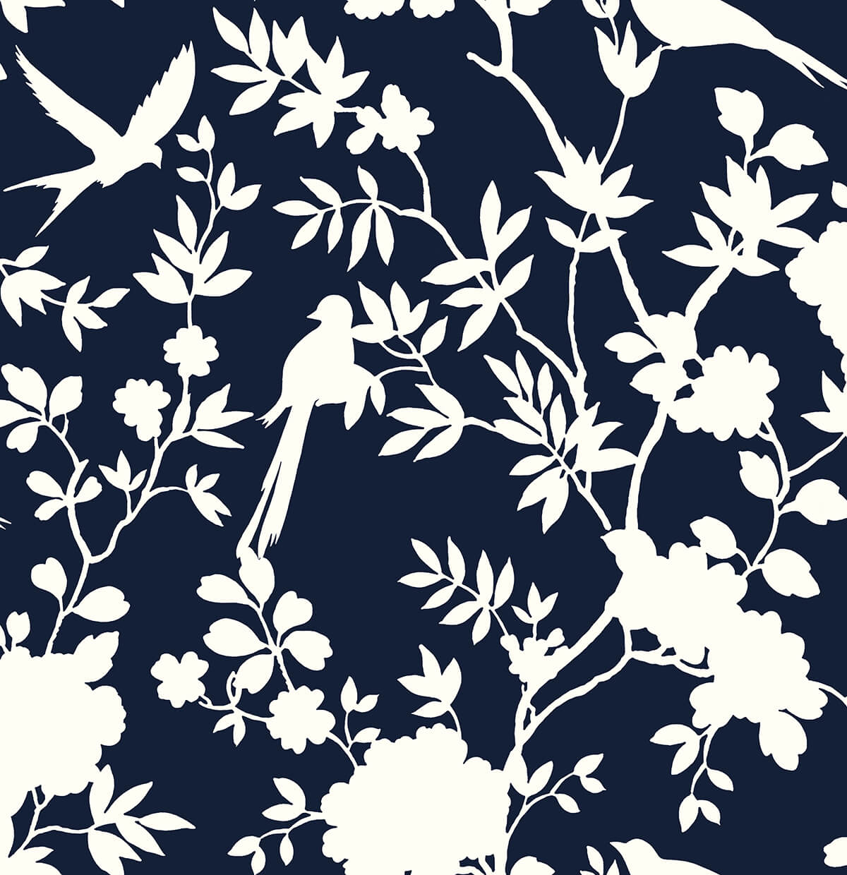 Mono Toile midnight blue and white chinoiserie floral and bird peel and stick wallpaper pattern