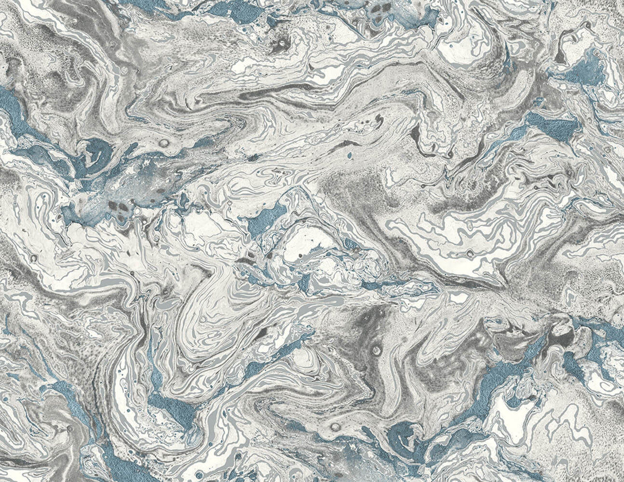 Faux marble peel and stick wallpaper in blue, gray and white with a swirling stone effect