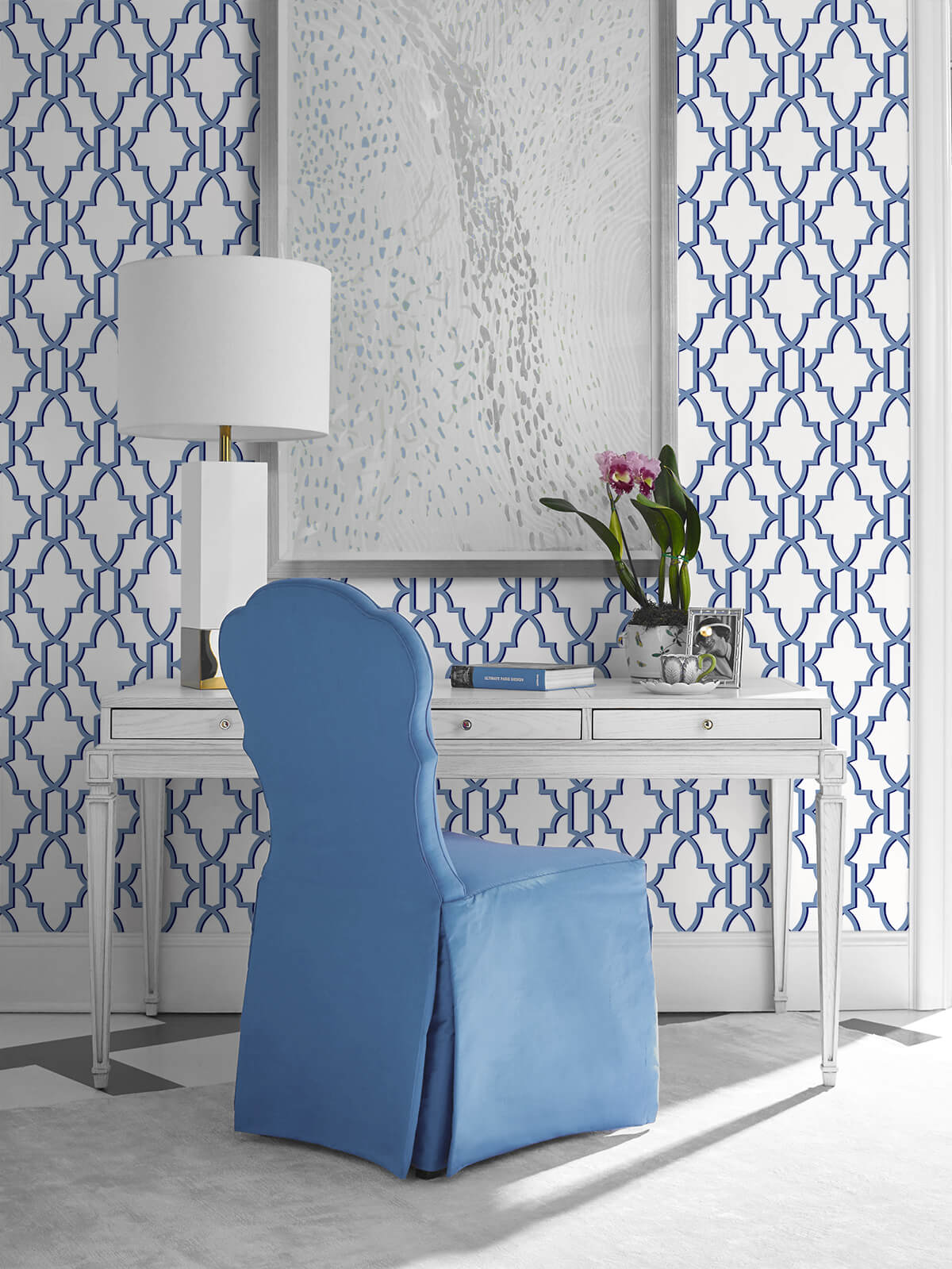 Coastal Lattice Riviera Blue by Lillian August Peel and Stick Peel and Stick Geometric Wallpaper – Lillian August LN21102 -Sample