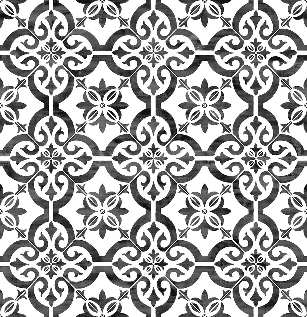 Porto Tile peel and stick wallpaper in Onyx (black and white) tile motif