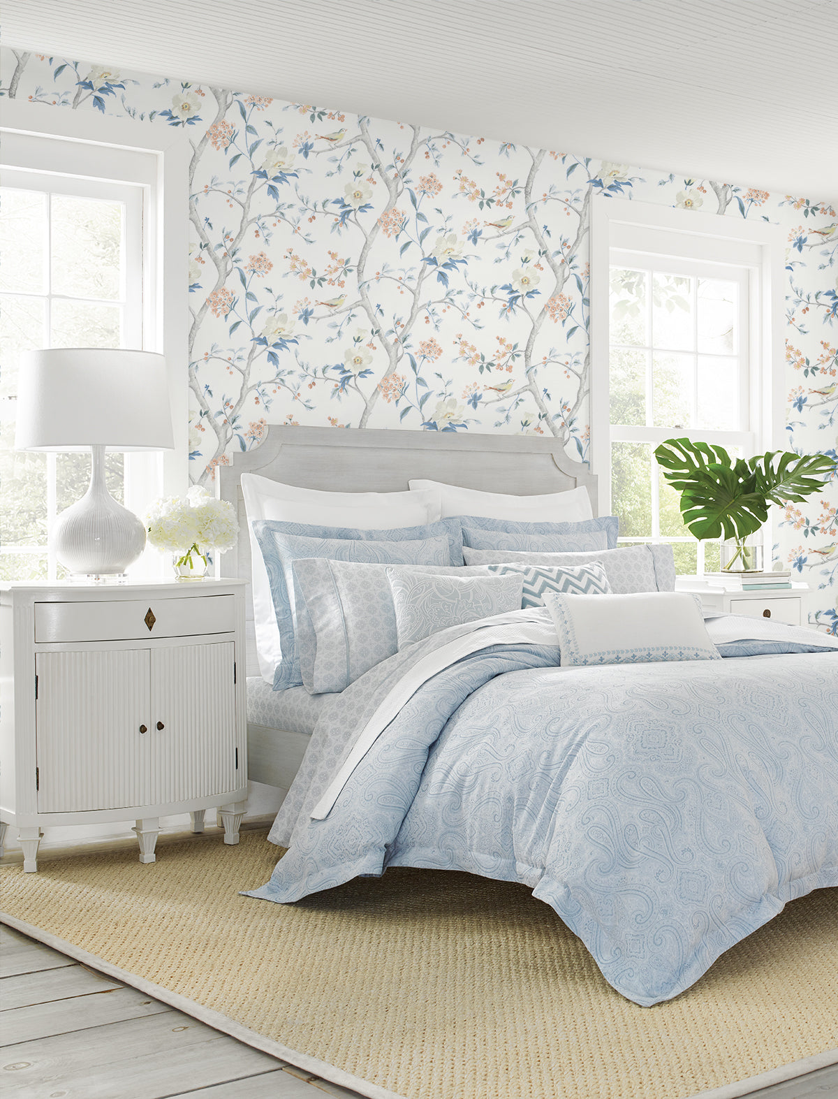 Floral Trail Melon and Carolina Blue by Lillian August Peel and Stick Chinoiserie Floral Wallpaper – Lillian August LN21301