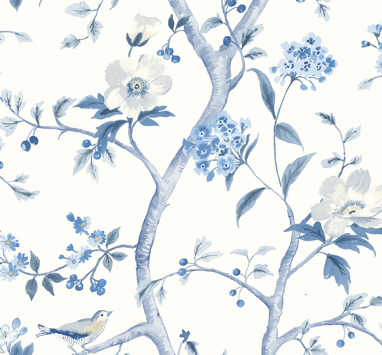 Floral Trail Bluestone chinoiserie floral branch and bird peel and stick wallpaper in blue on a light ground