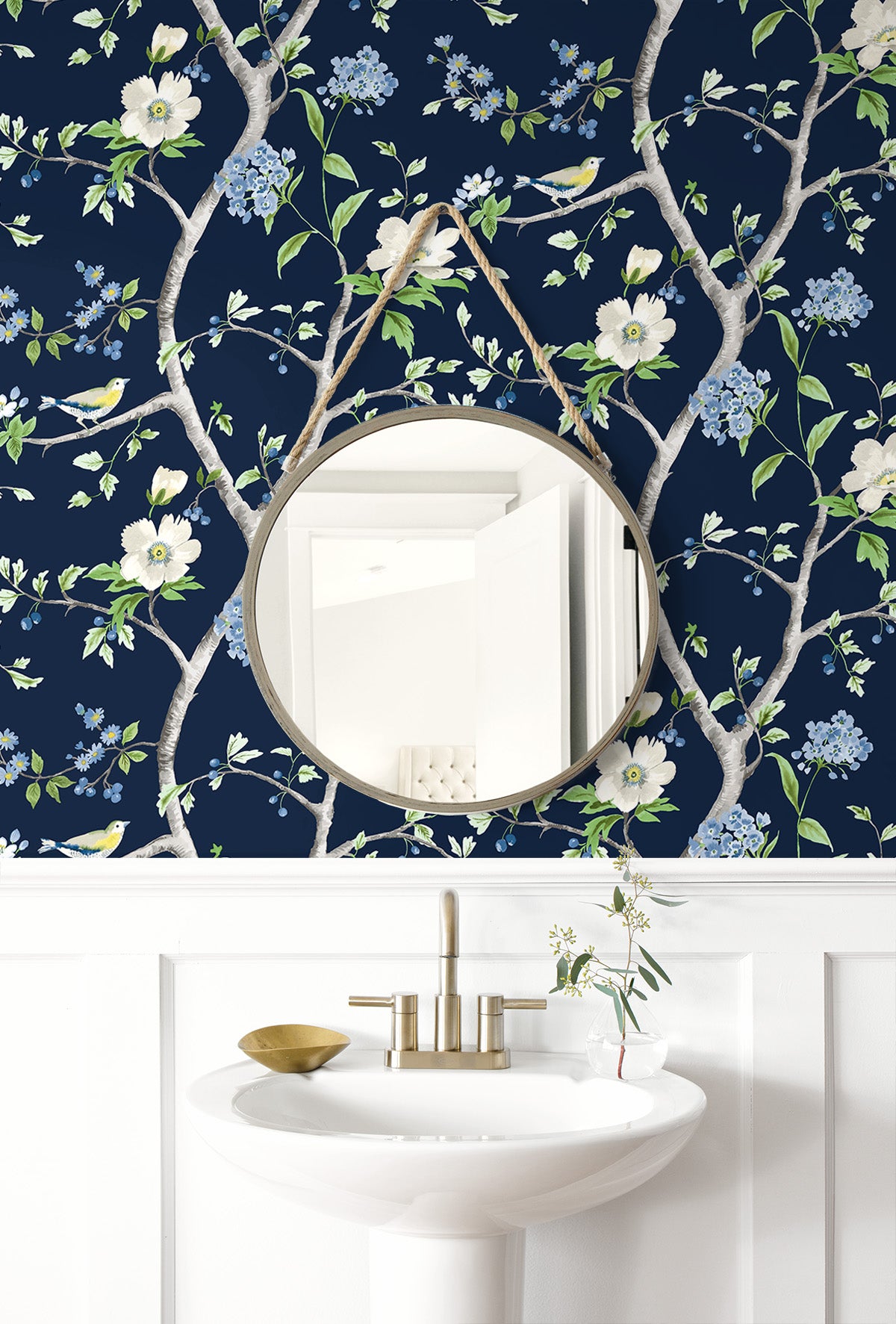 Floral Trail Navy Blue & Spring Green by Lillian August Peel and Stick Chinoiserie Wallpaper – Lillian August LN21312