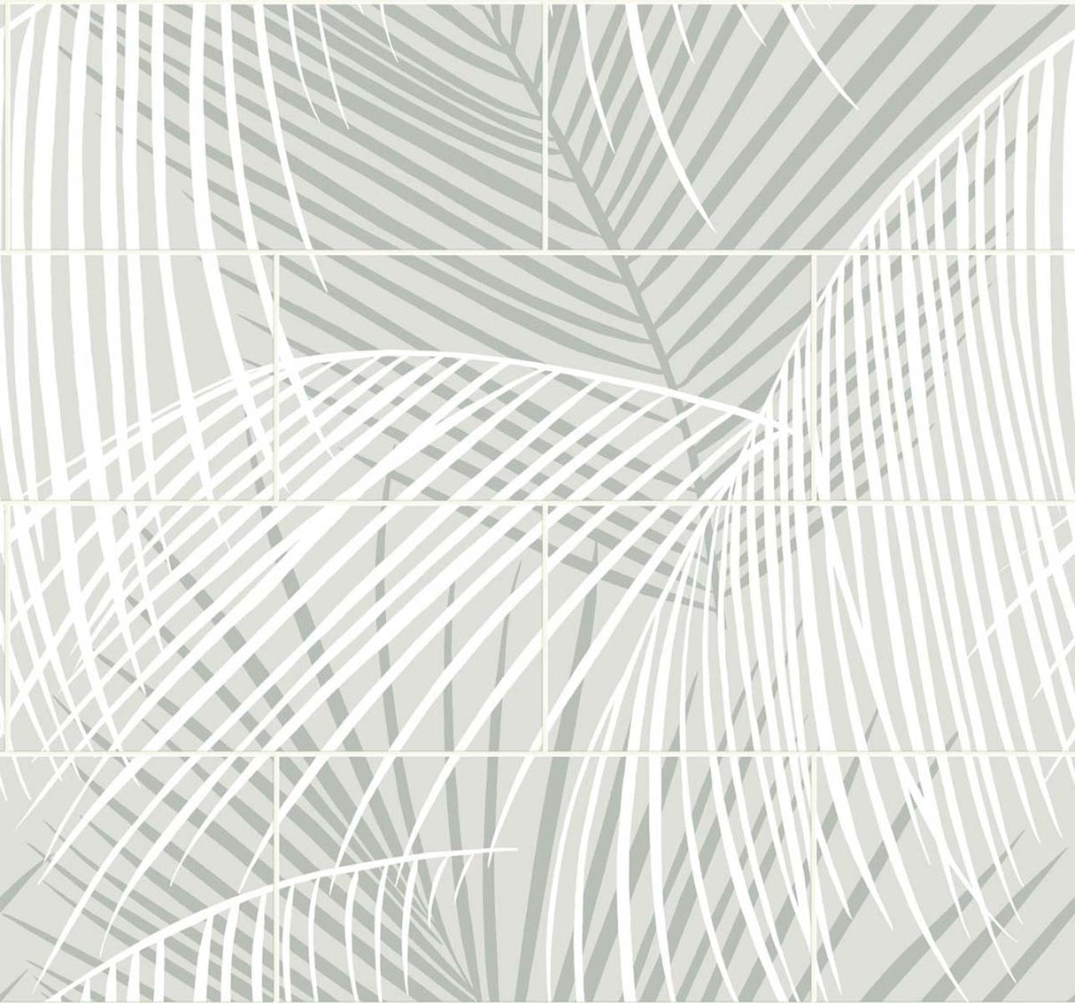 Palm Tile peel and stick wallpaper in Sea Salt with layered palm fronds and tile layout