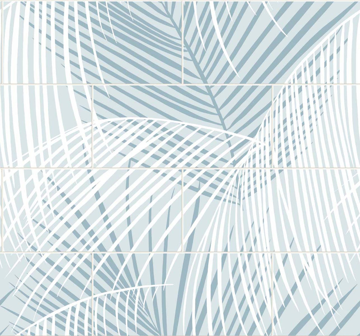Palm Tile peel and stick wallpaper in Summer Skies blue with overlapping palm fronds in a tile layout