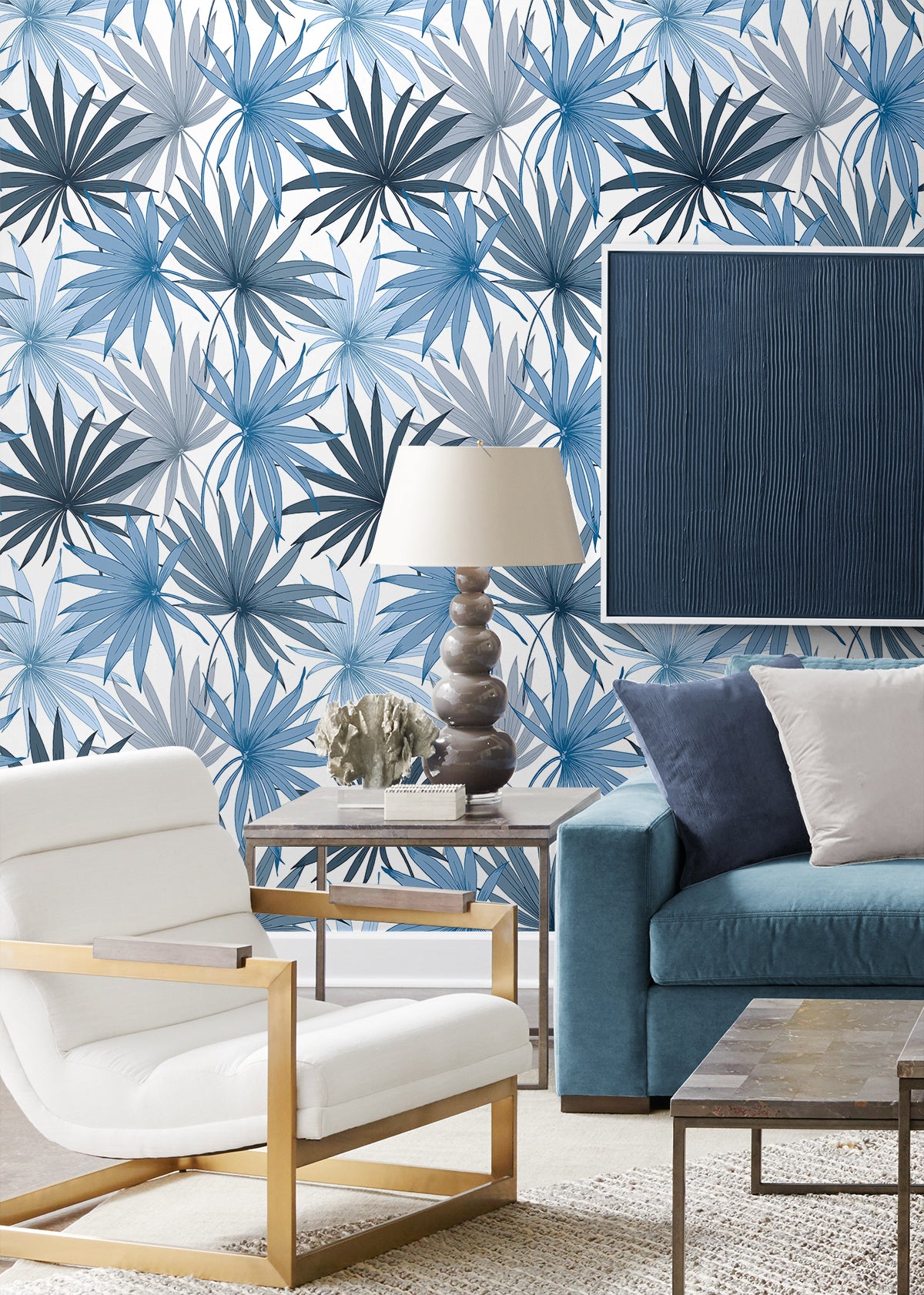 Tropic Palm Toss Blue Seas by Lillian August Peel and Stick Tropical Botanical Peel & Stick Wallpaper – Lillian August LN31002