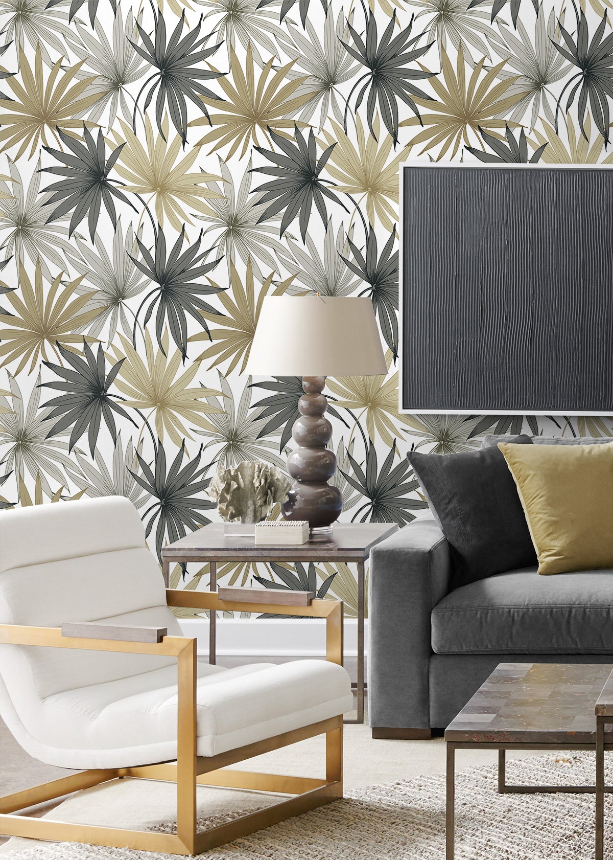 Tropic Palm Toss Harbor Grey & Khaki by Lillian August Peel and Stick Palm Botanical Wallpaper – Lillian August LN31006