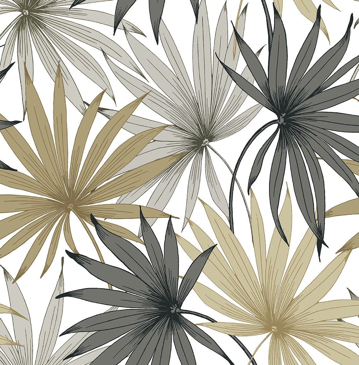 Tropic Palm Toss peel and stick wallpaper in Harbor Grey & Khaki with tossed palm fronds