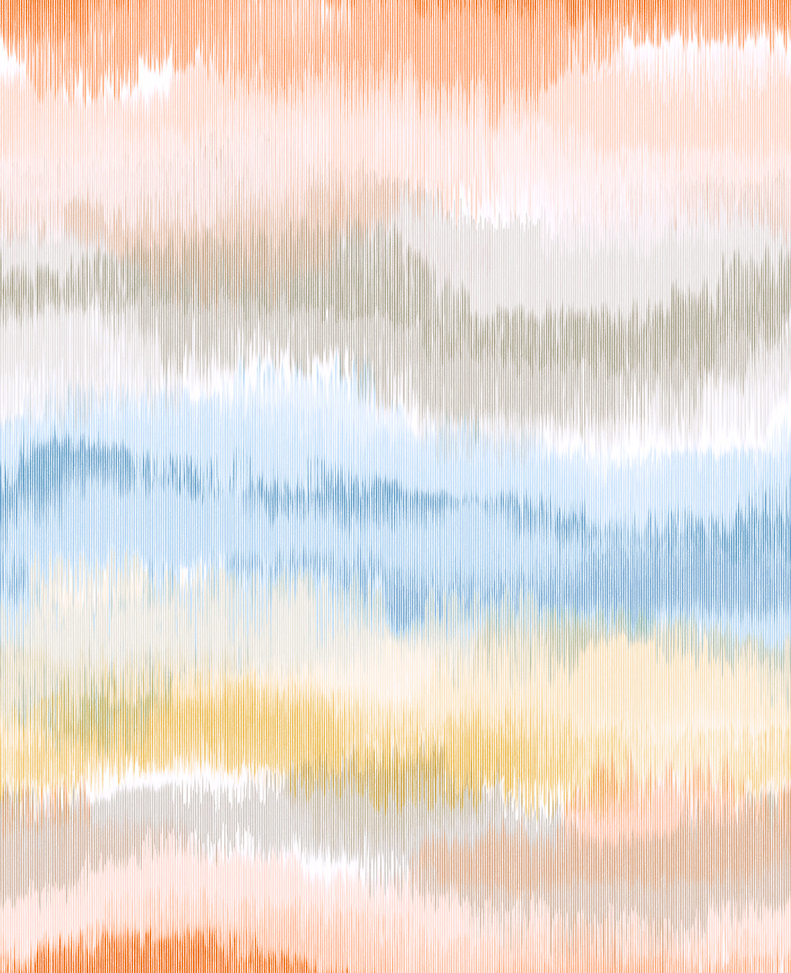 Abstract ikat wave stripe peel and stick wallpaper in sunset tones (orange, blue and grey)