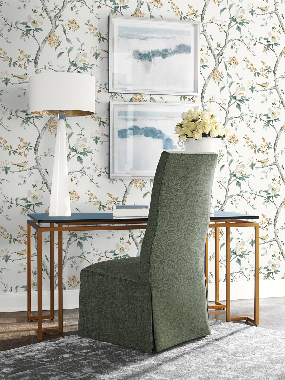 Sparrow Haven Agave & Cider by Coastal Haven Chinoiserie Bird & Blossom Wallpaper – Lillian August LN40008