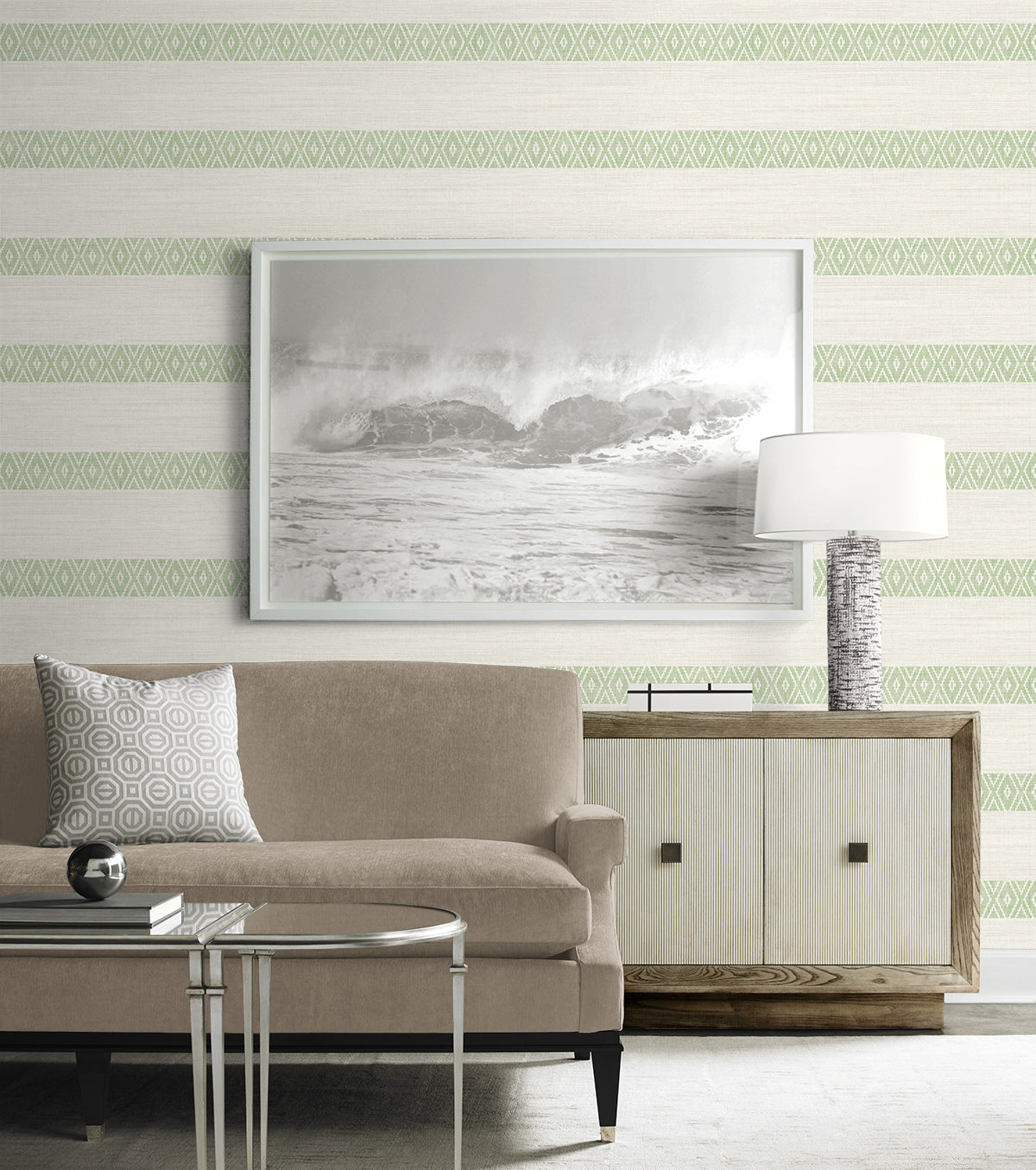 Alani Geo Stripe Aloe by Coastal Haven Geo Stripe Wallpaper – Lillian August LN40104