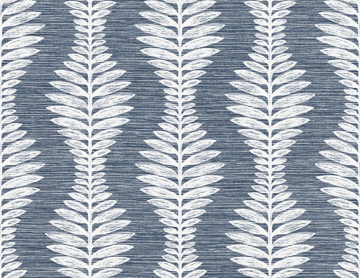 Carina Leaf Ogee wallpaper in Midnight Sky blue with white leaf ogee motif