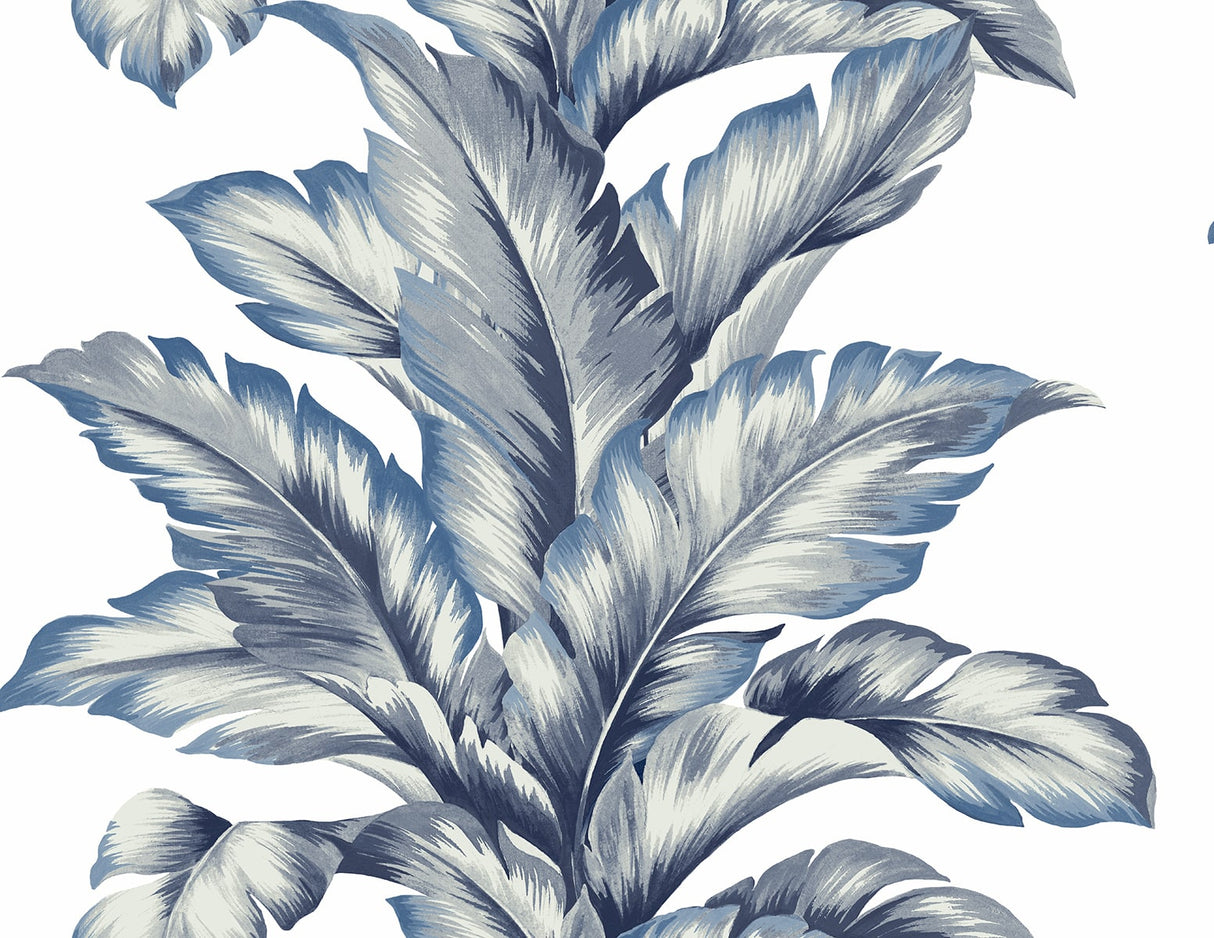 Large-scale banana leaf wallpaper in coastal blue on a white ground
