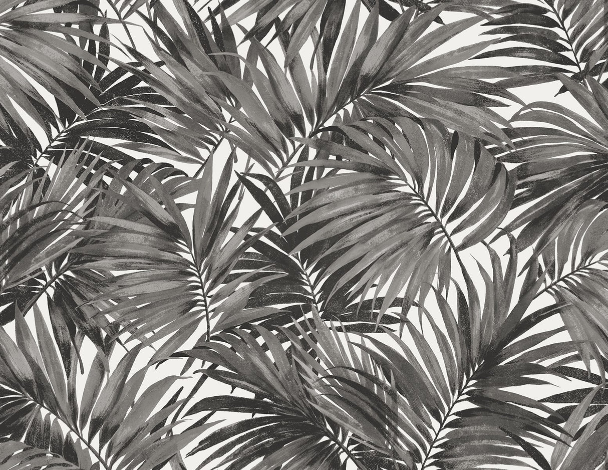 Cordelia Tossed Palms wallpaper in Onyx (black palm fronds).