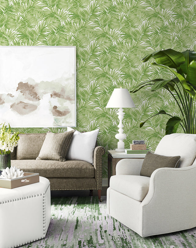 Cordelia Tossed Palms Spring Green by Coastal Haven Botanical Vinyl Wallpaper – Lillian August LN40704