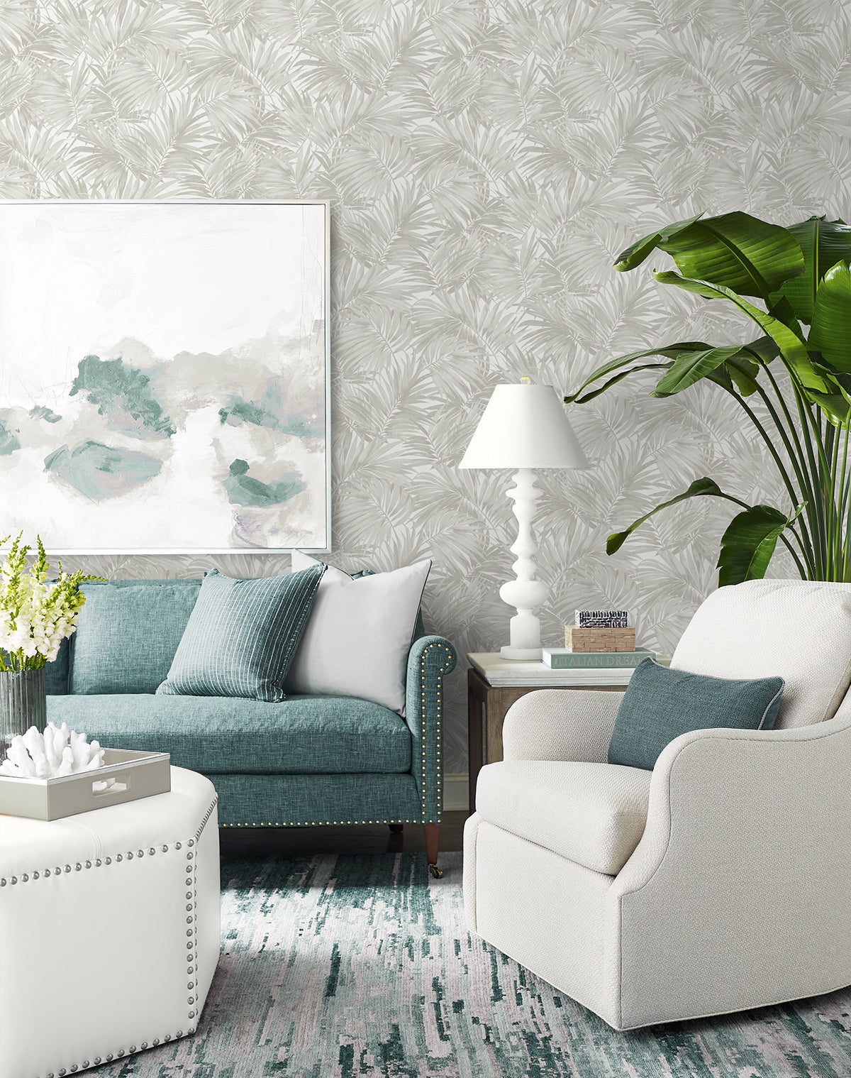 Cordelia Tossed Palms Dove Grey by Coastal Haven Botanical Palm Vinyl Wallpaper – Lillian August LN40707