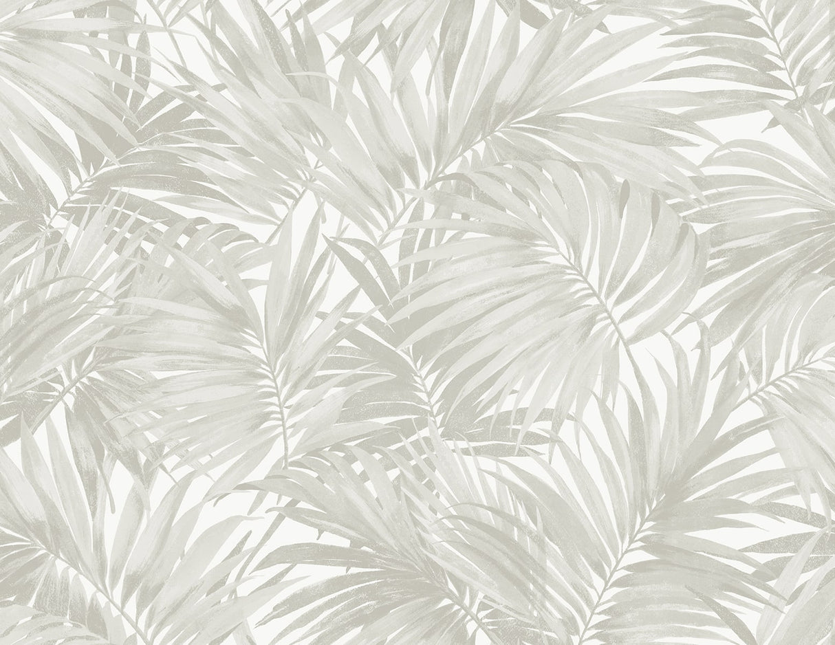 Cordelia Tossed Palms wallpaper in Dove Grey with layered palm fronds and a matte finish.