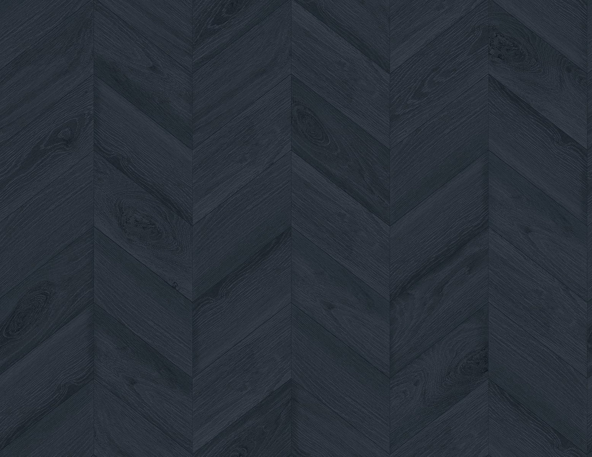Keone Bay Chevron wallpaper in Nightfall blue with wood-grain herringbone pattern