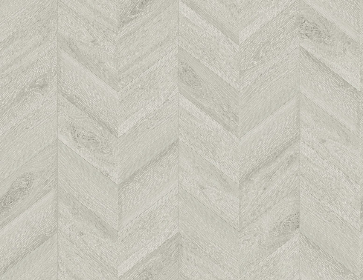 Keone Bay Chevron wallpaper in Birch grey with matte wood-grain chevron pattern