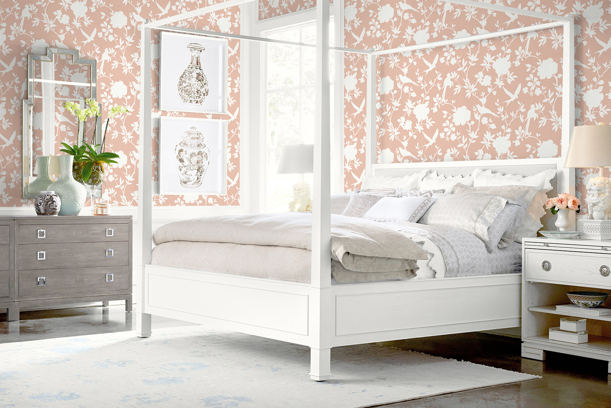 Kauai Bird Toile Peach Petal by Lillian August Traditional Toile Wallpaper – Lillian August LN40906