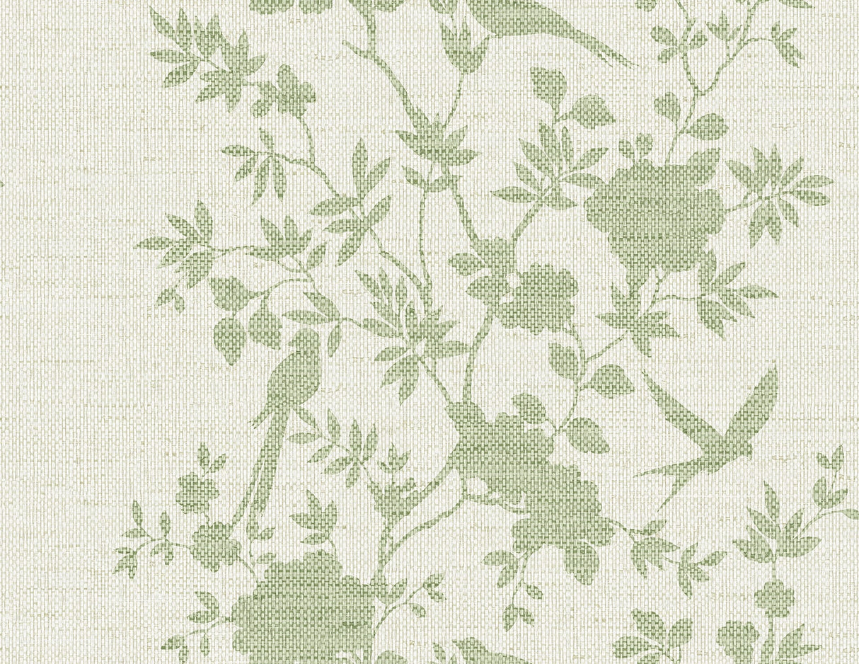 Aloha Bird Trail wallpaper in Green Ivy with a traditional toile design featuring birds and florals on a linen-look ground.