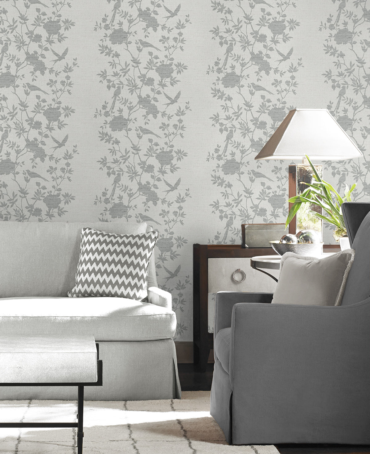 Aloha Bird Trail Heather Grey by Coastal Haven Traditional Toile Wallpaper – Lillian August LN41008