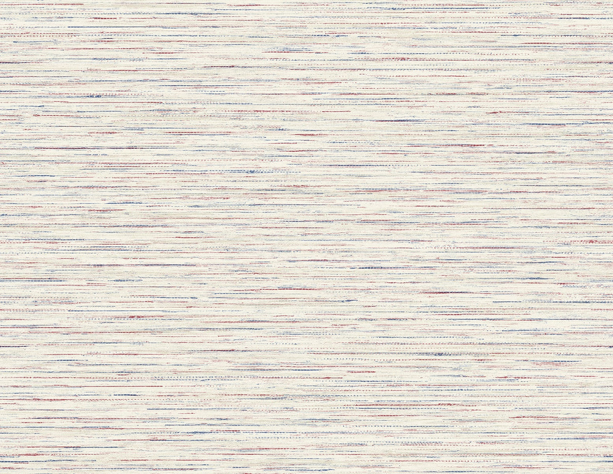 Loe Sanctuary Stria faux grasscloth wallpaper in carmine and navy on an off-white ground.