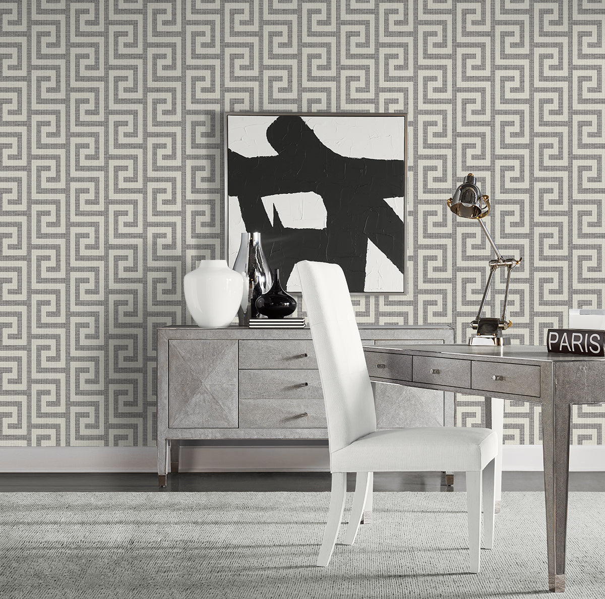 Luna Retreat Greek Key Charcoal by Coastal Haven Geometric Vinyl Wallpaper – Lillian August LN41200
