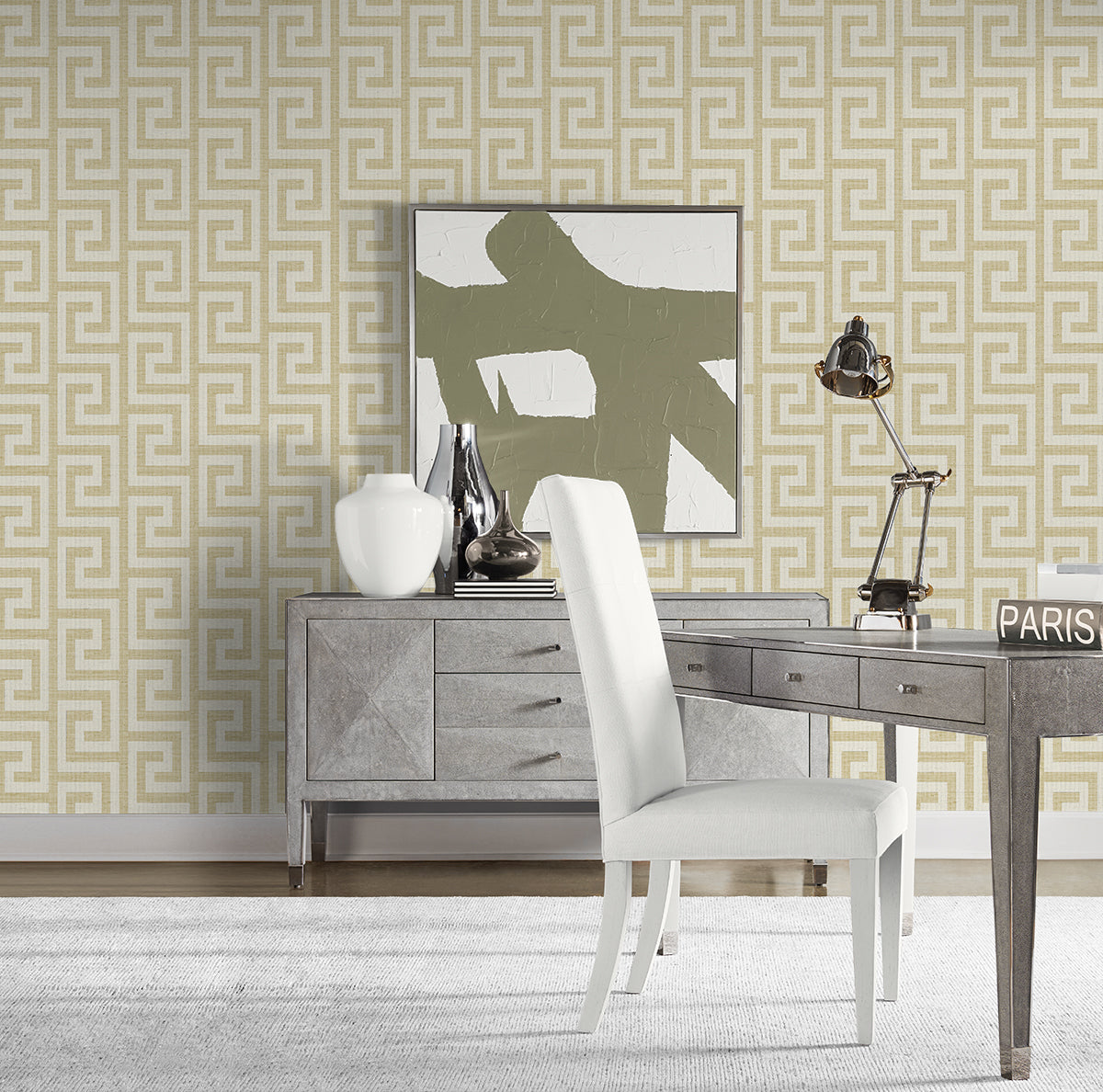 Luna Retreat Greek Key Golden by Coastal Haven Geometric Vinyl Wallpaper – Lillian August LN41203