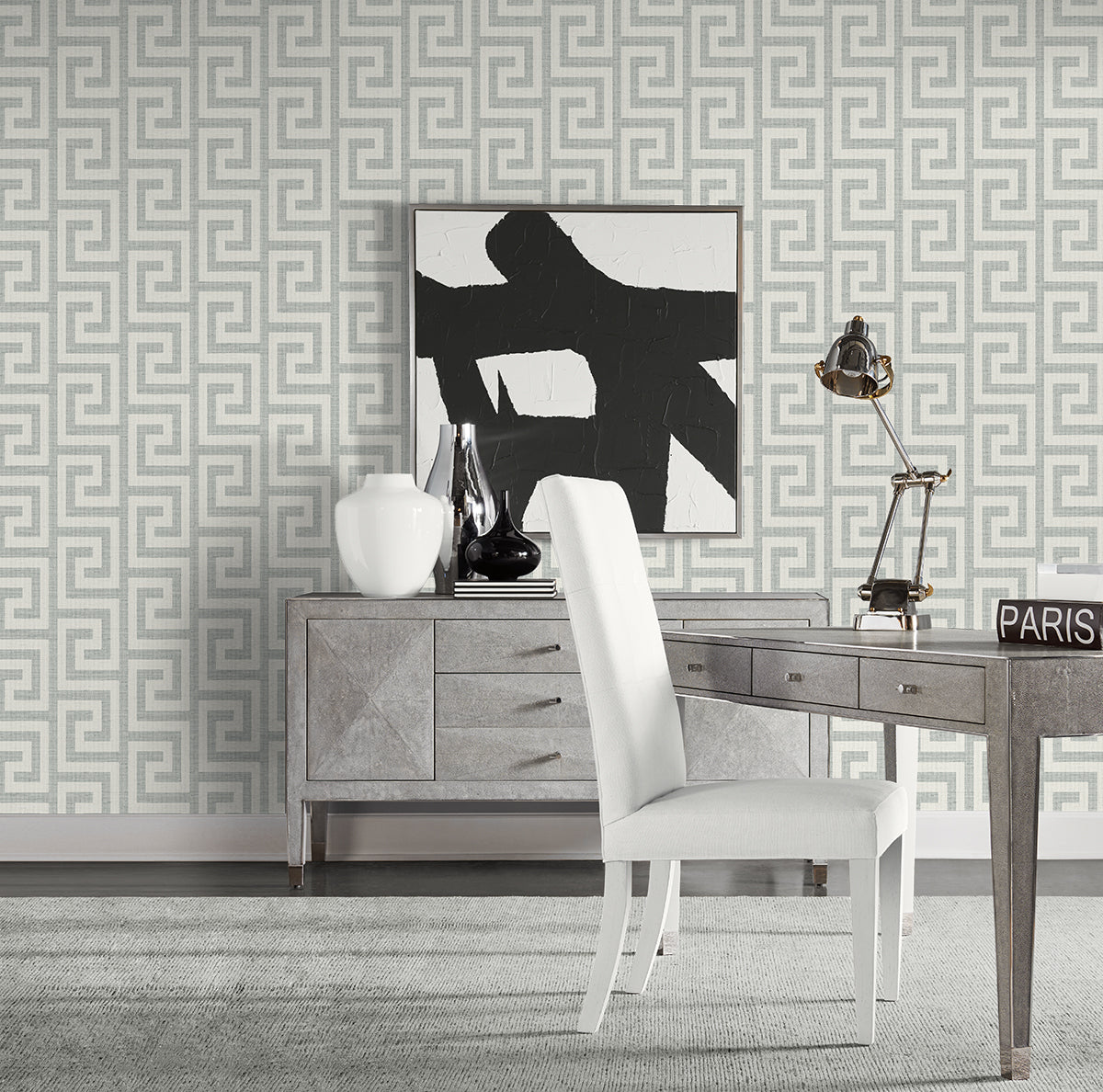 Luna Retreat Greek Key Pewter by Coastal Haven Geometric Greek Key Wallpaper – Lillian August LN41208