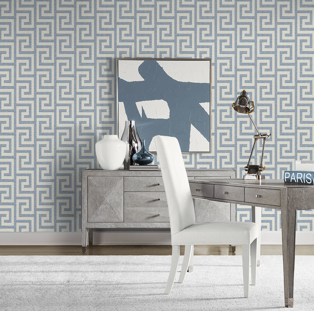 Luna Retreat Greek Key Blue Lake by Coastal Haven Geometric Vinyl Wallpaper – Lillian August LN41212