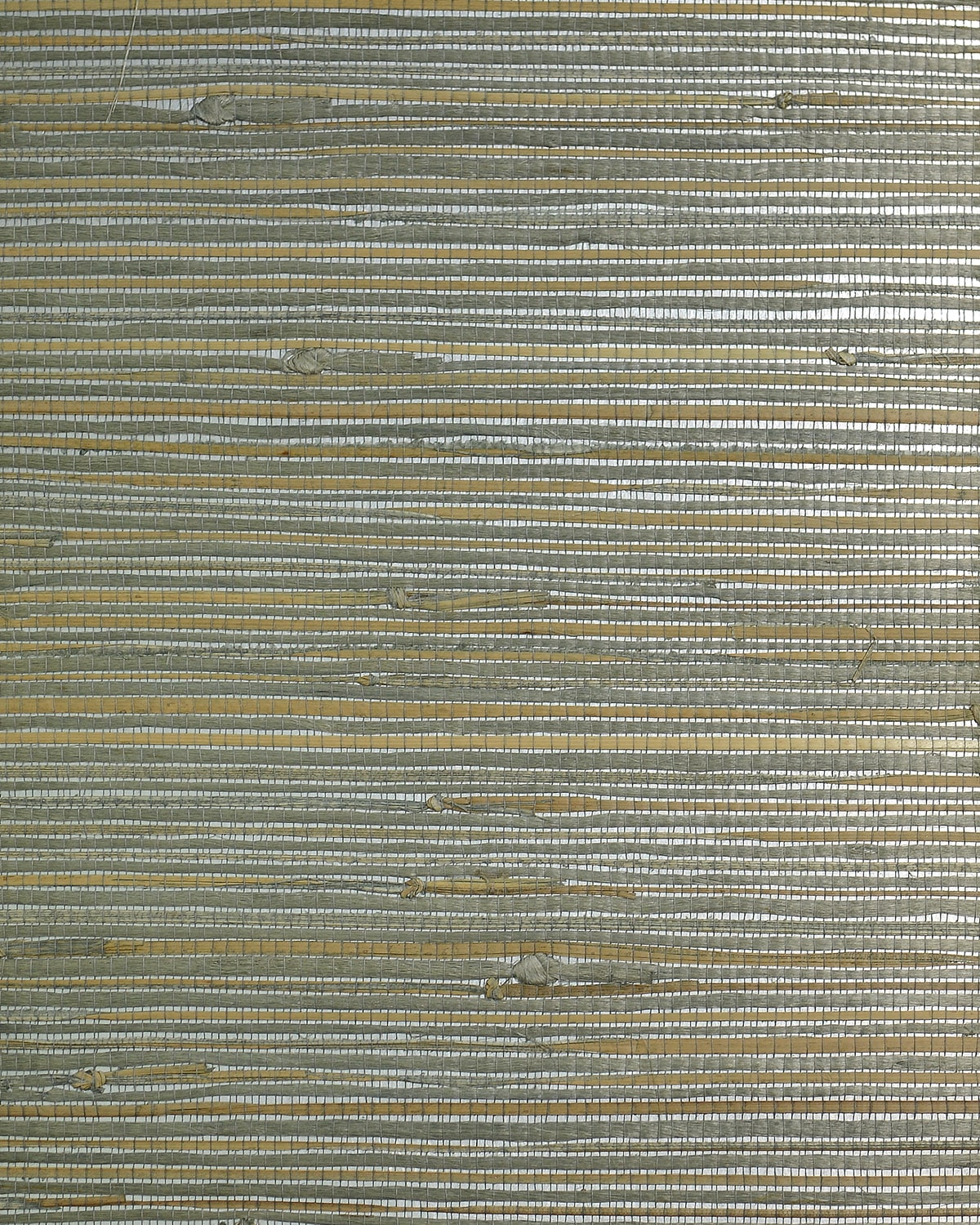 Metallic grasscloth wallpaper with horizontal natural jute texture in green stone and silver tones.