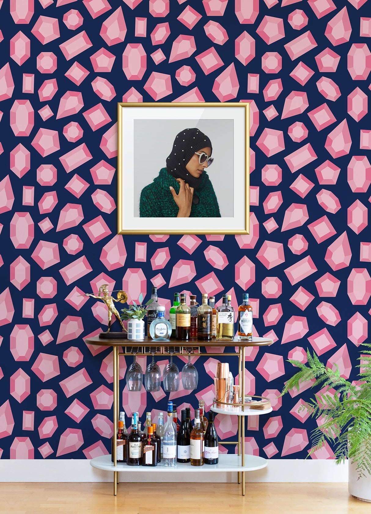 Lele Gems Navy Peel & Stick Wallpaper with Pink Gemstone Motif - NuWallpaper LSS4953