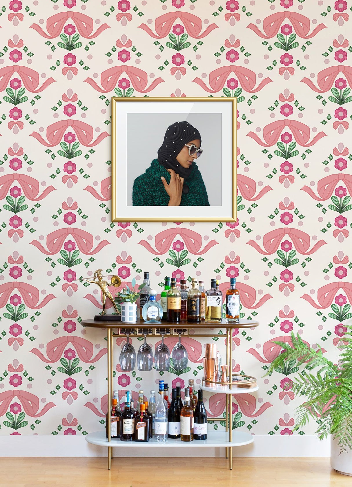 Bow Damask Pink Peel & Stick Wallpaper with Eclectic Damask Pattern - NuWallpaper LSS4955
