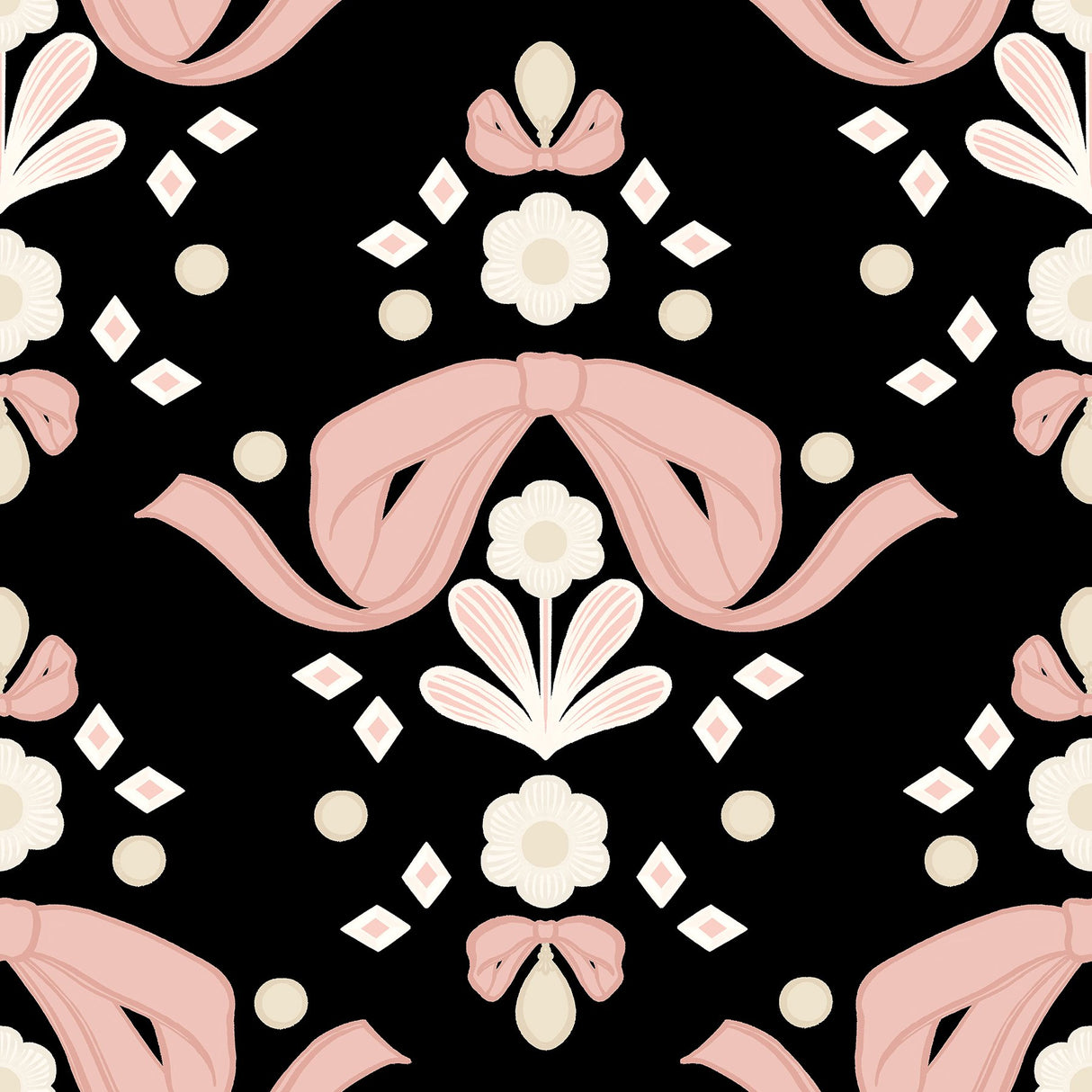 Bow Damask Black Peel & Stick Wallpaper with Pink Ribbon Bow Damask Pattern, Eclectic Style - LSS4956