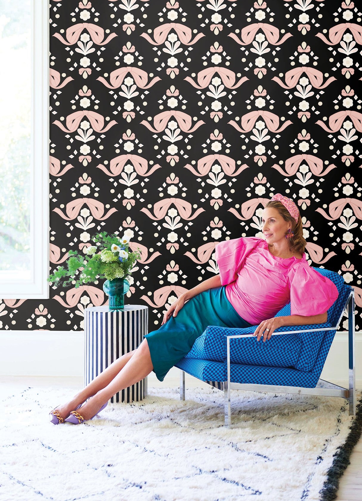 Bow Damask Black Peel & Stick Wallpaper with Pink Ribbon Bow Damask Pattern, Eclectic Style - LSS4956